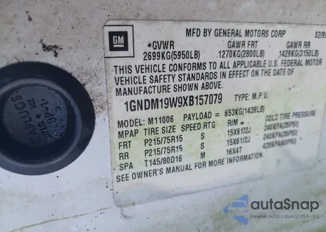 1999 Chevrolet Astro z USA, uszkodzony, nr VIN 1GNDM19W9XB157079